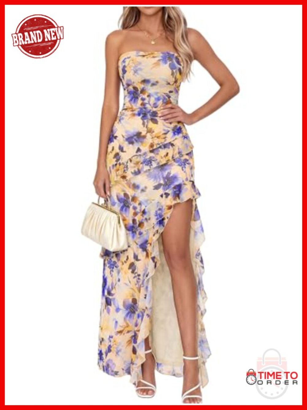 Off the Shoulder Strapless Backless High Slit Maxi Dress Ruffle Hem Semi-Formal